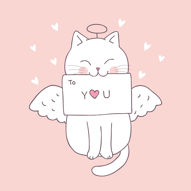 Vecteur De Dessin Anime Mignon Chat Et Amour Cupidon Saint Valentin Vecteur Premium