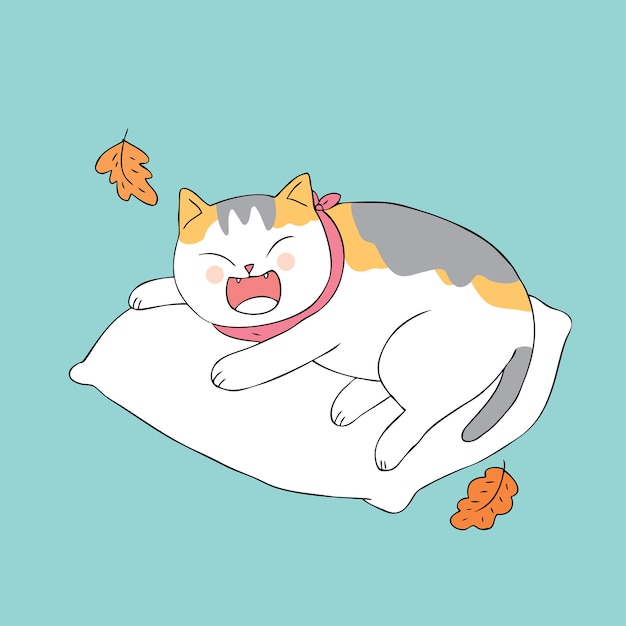 Vecteur De Dessin Anime Mignon Chat D Automne Qui Dort Vecteur Premium