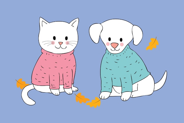 Vecteur De Dessin Animé Mignon Chat Et Chien Dautomne