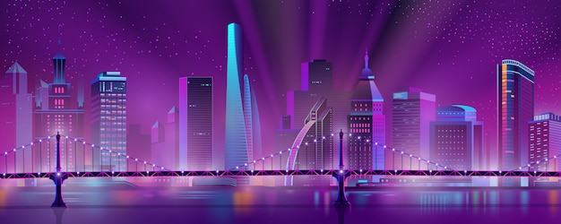 Vecteur de dessin animé de paysage de nuit du centre ville Vecteur gratuit