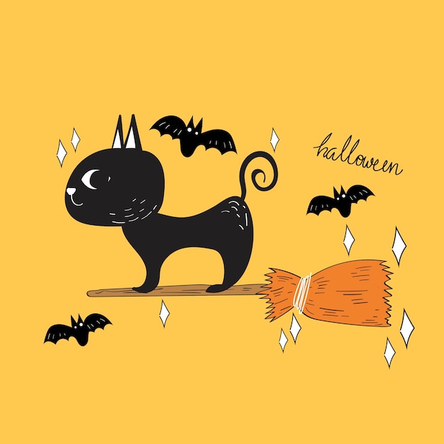 Vecteur De Halloween Chat Noir Et Chauve Souris Doodle Vecteur Premium