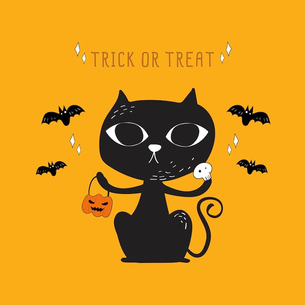 Vecteur De Halloween Chat Noir Et Chauve Souris Doodle Vecteur Premium