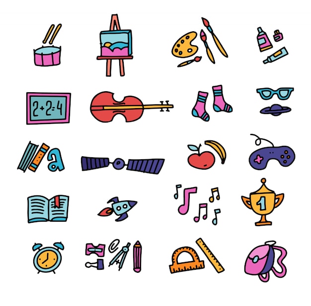 Vecteur d'icônes de l'éducation dessinés à la main. icônes de l'école. retour à l'école. jeu d'icônes de couleur dessiné à la main doodle Vecteur Premium