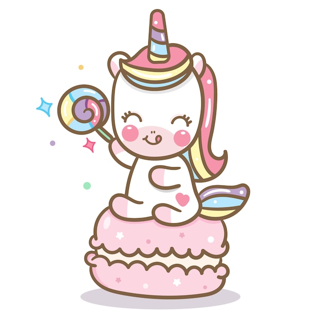 Vecteur de licorne kawaii avec macaron et bonbons Vecteur Premium