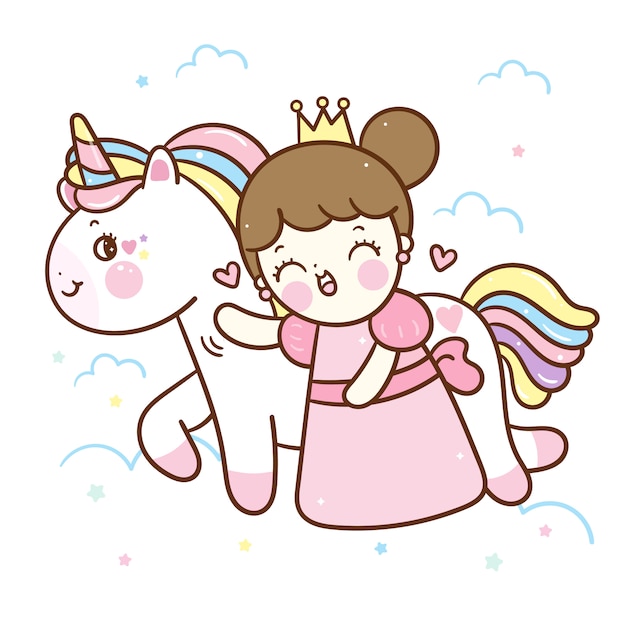 Vecteur De Licorne Kawaii Et Petit Dessin Anime De Princesse Vecteur Premium