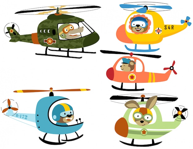 Vecteur Serie De Dessin Anime D Helicoptere Avec Pilote Mignon Vecteur Premium