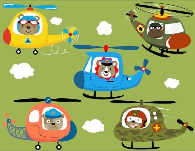 Vecteur Série De Dessin Animé D'hélicoptère Avec Des Pilotes D'animaux | Vecteur Premium