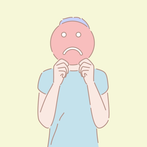 Vecteur De Style Dessiné à La Main D'un Homme Tenant Une Pancarte Triste Devant Son Visage. Vecteur Premium