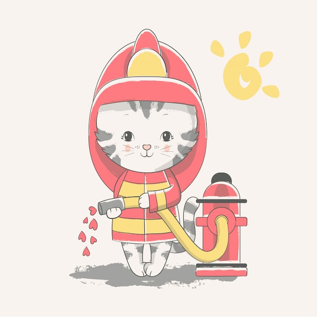 Vector Illustration Dessinee A La Main D Un Pompier Chaton Bebe Mignon Vecteur Premium