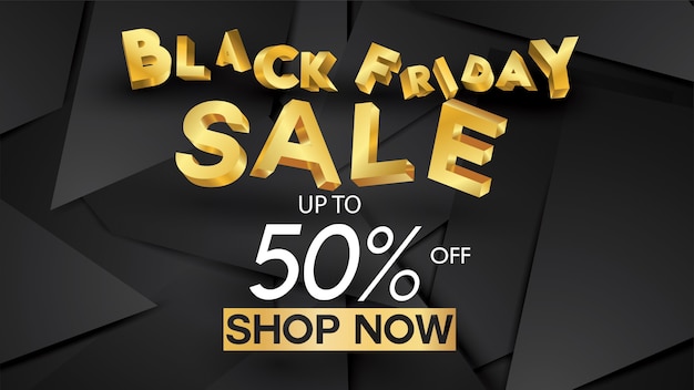 Vendredi noir vente bannière mise en page conception fond noir et or offre de réduction de 50%. pour p Vecteur Premium