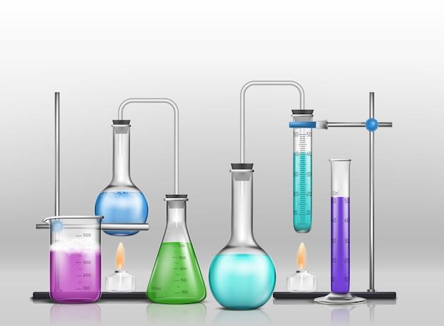 Verrerie graduée de laboratoire remplie de réactifs de couleurs différentes, flacons de laboratoire reliés à des éprouvettes Vecteur gratuit