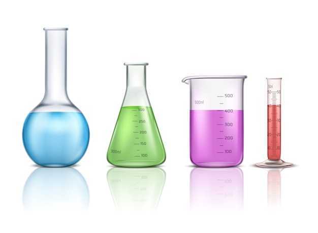 Verrerie de laboratoire 3d jeu de vecteur réaliste isolé sur fond blanc Vecteur gratuit