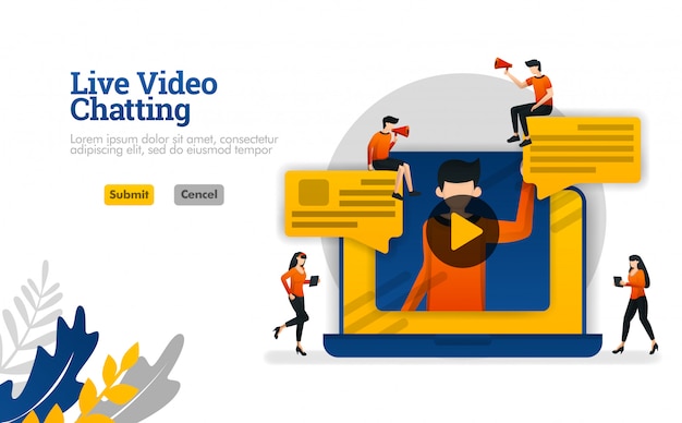 Vidéo en direct avec des ordinateurs portables, conversations pour vlogger industriel, illustration vectorielle de médias sociaux Vecteur Premium