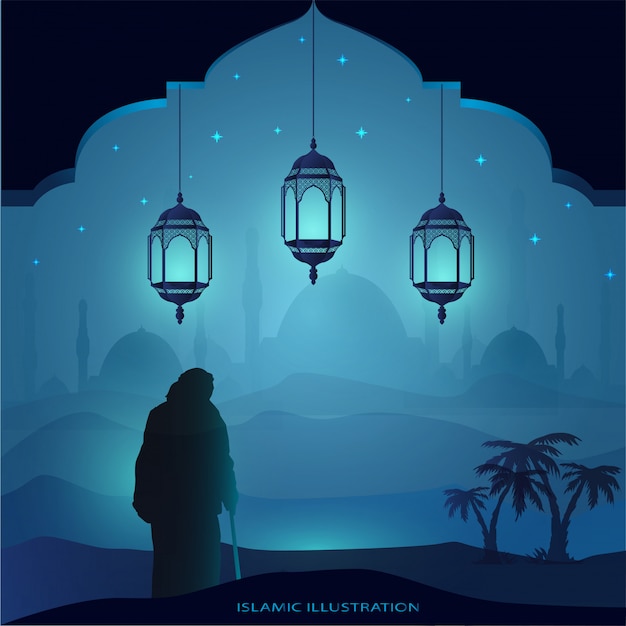 Vieux grand-père marche la nuit à l'aide d'un bâton à la main accompagné d'étincelles d'étoiles, mosquée, lanternes pour fond islamique illustratif Vecteur Premium