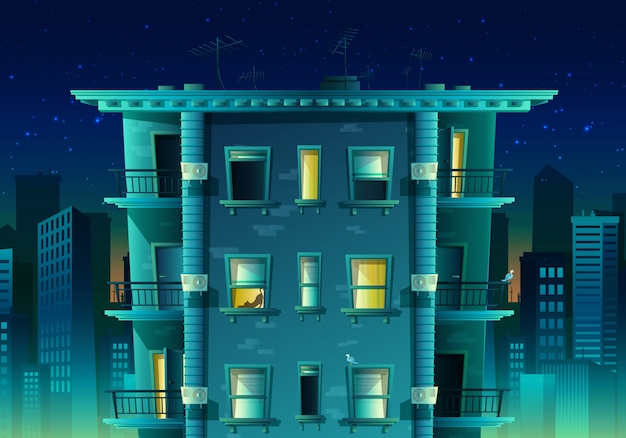 Ville De Nuit De Style Dessin Animé Sur La Lumière Bleue. Immeuble Avec De Nombreux étages Et ...