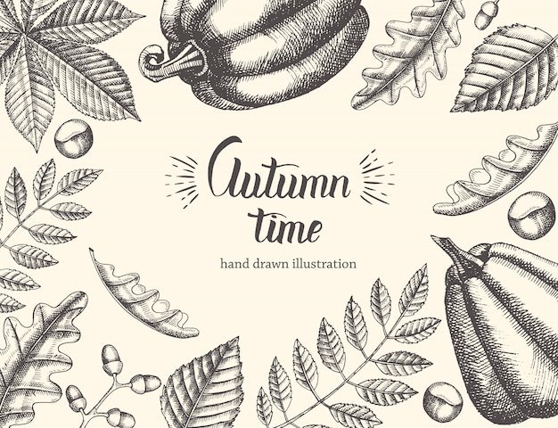 Vintage fond automne avec des feuilles dessinées à la main et la citrouille. main écrite citation tendance heure d'automne Vecteur Premium