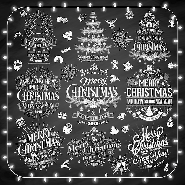 Vintage Joyeux Noel Et Bonne Annee Calligraphique Et Fond Typographique Avec Craie Word Art Sur Tableau Noir Vecteur Premium