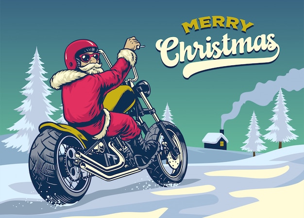 Vintage Style Dessinés à La Main Du Père Noël à Moto Chopper D'équitation  Vecteur Premium