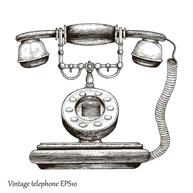 Vintage Telephone Main Dessin Style De Gravure Telephone Retro Appareil De Communication Initiale Vecteur Premium