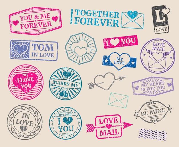 Vintage timbres-poste vector ensemble. rendez-vous romantique, amour, saint valentin. collection de sceau avec texte Vecteur Premium