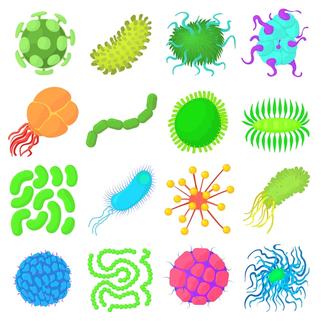 Virus bactéries forme ensemble d'icônes Vecteur Premium