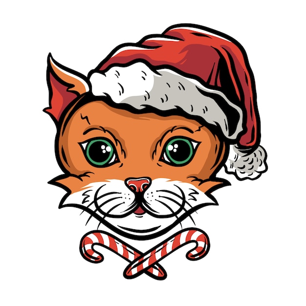 Visage De Chat Drole Mignon En Chapeau De Pere Noel Avec Des Bonbons De Noel Vecteur Premium