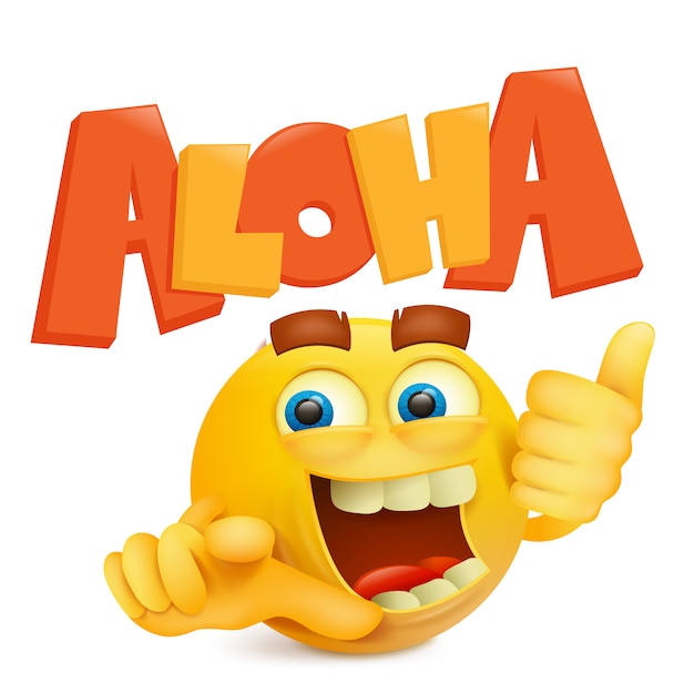 Visage souriant rond jaune avec titre aloha. Vecteur Premium