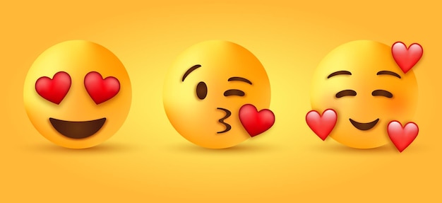 Visage Souriant Avec Des Yeux De Coeur Sourire Emoji Avec Trois Coeurs Emoticone Soufflant Un Baiser Caractere Aimant Vecteur Premium