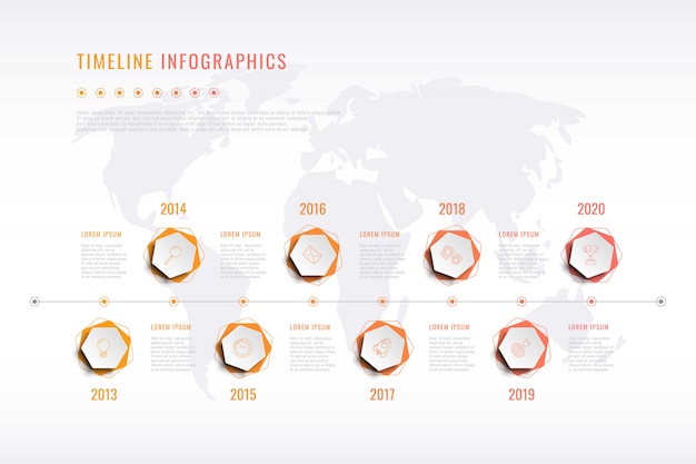 Visualisation moderne de l'histoire de l'entreprise avec éléments hexagonaux, indication de l'année et carte du monde Vecteur Premium