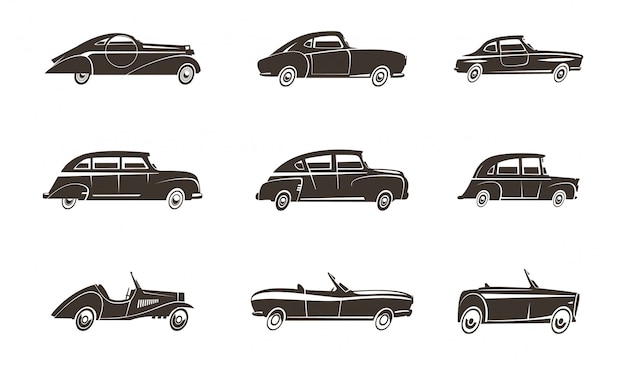 Voitures rétro design automobile icônes noires collection isolée illustration vectorielle Vecteur Premium