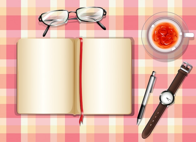 Une vue de dessus d'une table avec des objets différents Vecteur Premium