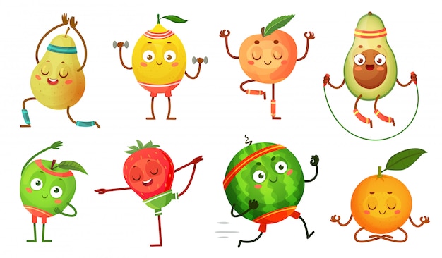 Yoga Des Personnages De Fruits Fruits Dans Des Poses D Exercices De Fitness Nourriture De Bien Etre Et Jeu D Illustration De Dessin Anime Drole De Fruits De Sport Vecteur Premium