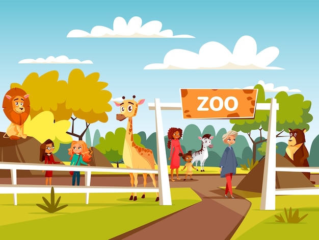Zoo Ou Caricature De Dessin Anime De Zoo Ouvrir Les Animaux Sauvages Du Zoo Et Les Visiteurs Vecteur Gratuite