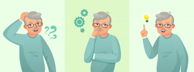 Abuelo pensando, anciano resuelto pregunta, pensativo senior masculino y anciano confundido concepto de dibujos animados Vector Premium