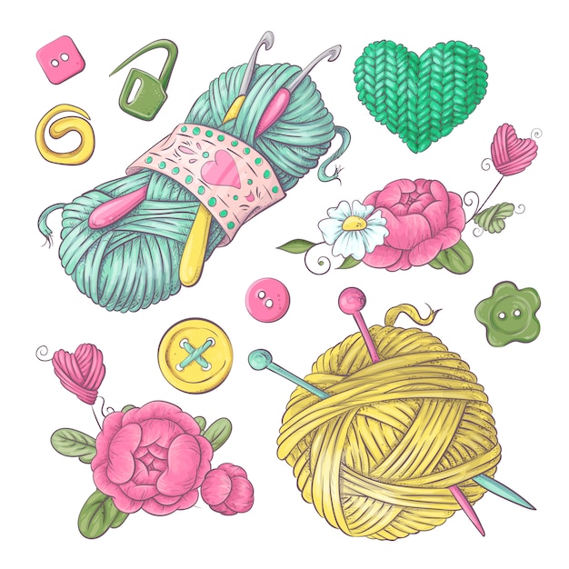 Accesorios para crochet y tejido. Vector Premium