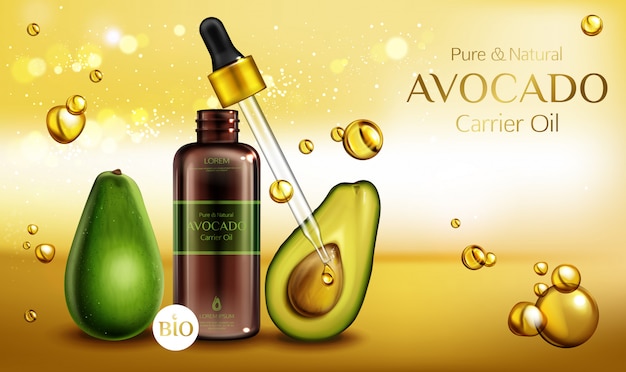 Aceite cosmético de aguacate. botella orgánica del producto de belleza con la pipeta en empañado con gotas aceitosas. vector gratuito