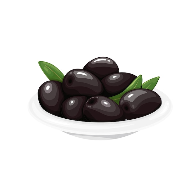 Aceitunas Negras Con Hojas En Un Ilustrador Vectorial De Tazón Blanco Vector Premium 0120