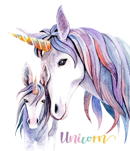 Download Acuarela ilustración mamá unicornio y bebé. | Vector Premium