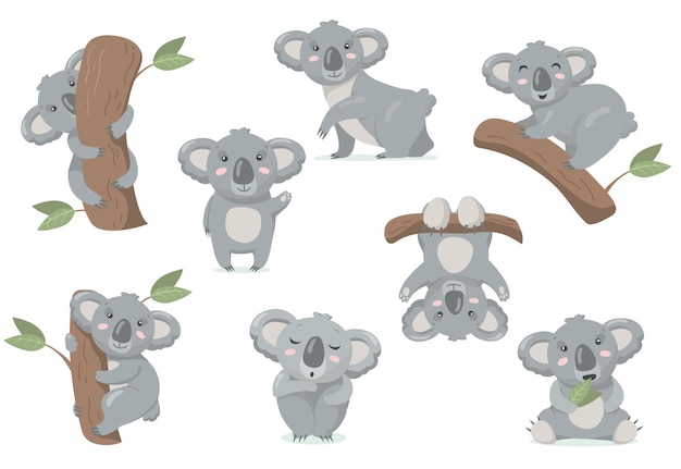 Adorable Conjunto Plano De Bebe Koala Ilustracion De Dibujos Animados Vector Gratis