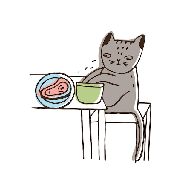 Adorable gato robando comida del plato sobre la mesa y comiéndolo