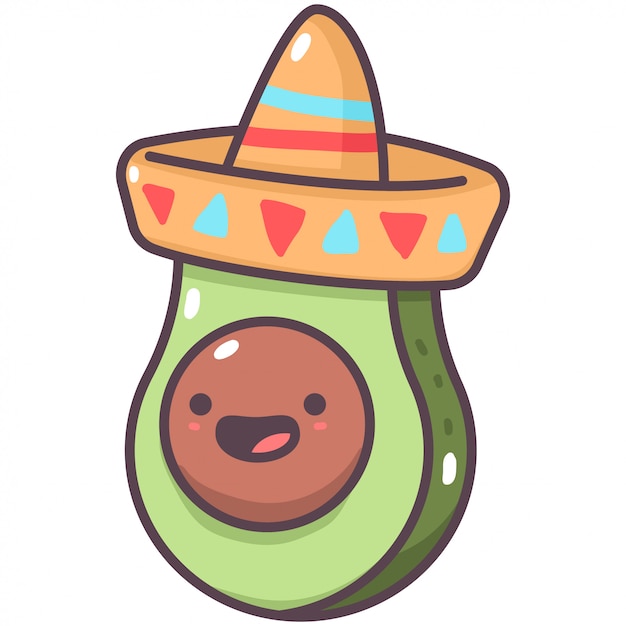 Aguacate lindo en personaje de fruta de dibujos animados de sombrero