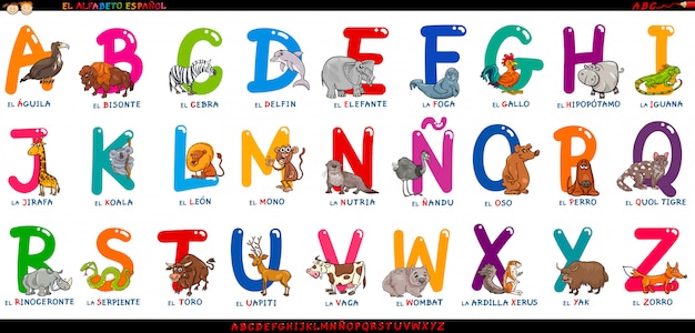 Alfabeto Espanol Con Conjunto De Animales De Dibujos Animados Vector Premium Para aprender el abecedario con dibujos de las letras. https www freepik es profile preagreement getstarted 3498466