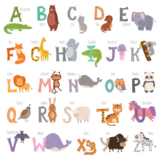 Alfabeto Ingles Lindo Zoologico Con Animales De Dibujos Animados Aislados Vector Premium