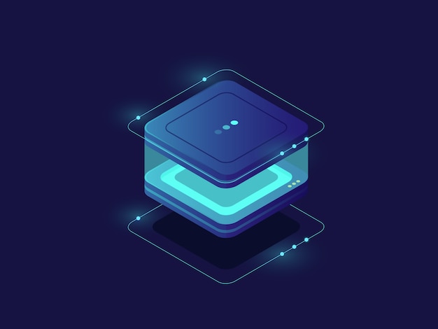 Almacenamiento de datos, icono de protección de datos personales, sala de servidores, base de datos y centro de datos vector gratuito