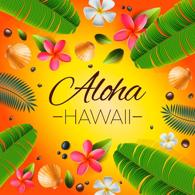 Aloha Hawaii Fondo Plantas Tropicales Hojas Y Flores Saludo En Idioma Hawaiano Ilustracion Vector Premium