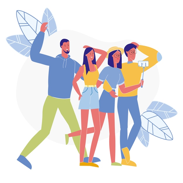 Amigos alegres toman selfie ilustración vectorial Vector Premium