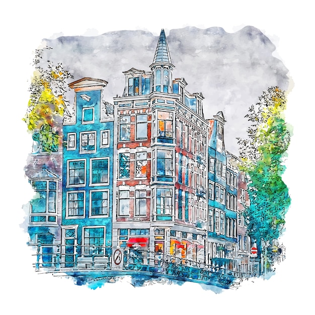 Amsterdam Holanda Acuarela Dibujo Dibujado A Mano Vector Premium