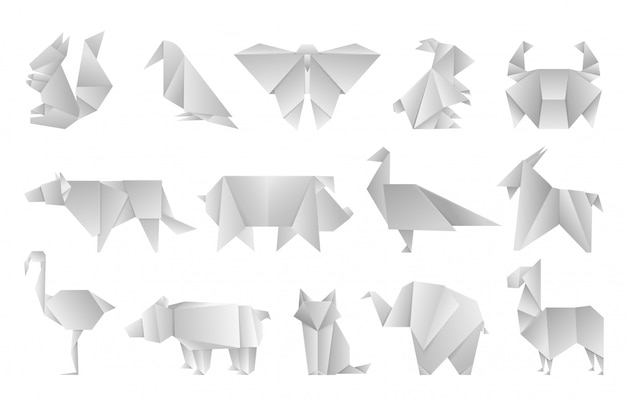 Animales De Origami Blanco Formas Geometricas De Papel Plegado Plantillas De Poligono Abstracto Mariposa Dragon Mariposa Japon Origami Diseno Zoologico Asia Ilustracion Vector Premium