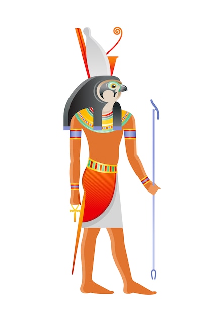 Antiguo dios egipcio horus. deidad con cabeza de halcón y corona de faraón.  ilustración de dibujos animados en el viejo estilo de arte. | Vector Premium