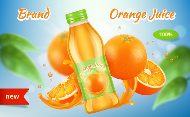 Anuncios Naranjas Cartel Botella De Jugo De Vitaminas Con Salpicaduras De Frutas En Aerosol 